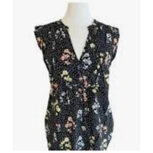 Loft Small Blouse Black White Polka Dot Floral Sleeveless V-Neck Top